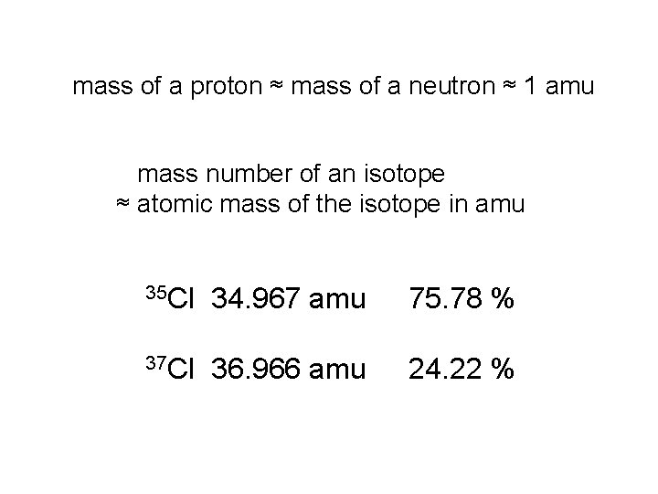 mass of a proton ≈ mass of a neutron ≈ 1 amu mass number