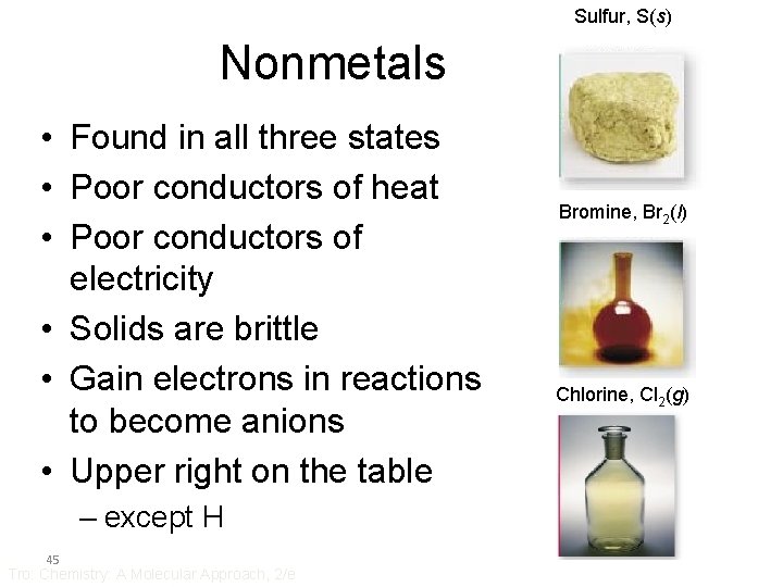 Sulfur, S(s) Nonmetals • Found in all three states • Poor conductors of heat