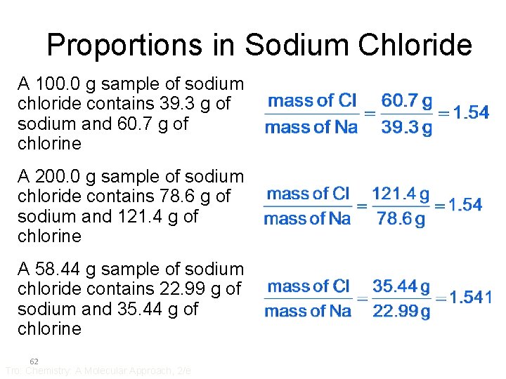 Proportions in Sodium Chloride A 100. 0 g sample of sodium chloride contains 39.