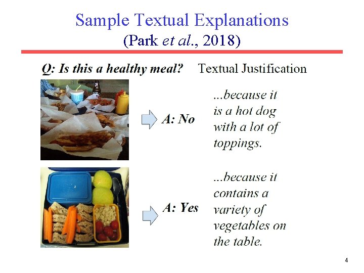 Sample Textual Explanations (Park et al. , 2018) 4 