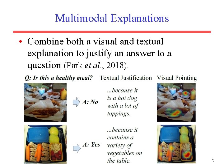 Multimodal Explanations • Combine both a visual and textual explanation to justify an answer