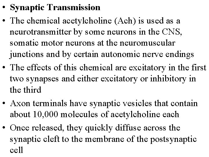  • Synaptic Transmission • The chemical acetylcholine (Ach) is used as a neurotransmitter