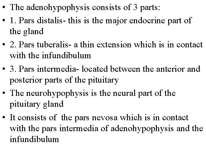  • The adenohypophysis consists of 3 parts: • 1. Pars distalis- this is