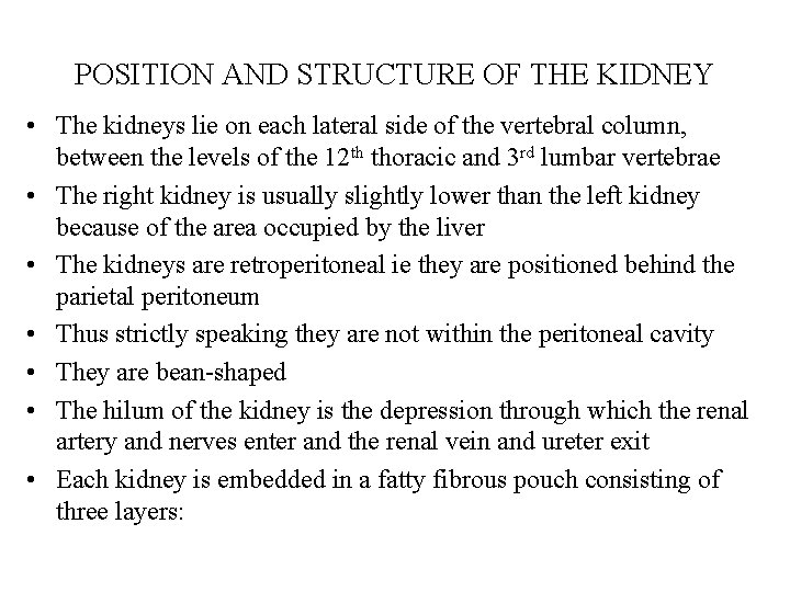 POSITION AND STRUCTURE OF THE KIDNEY • The kidneys lie on each lateral side