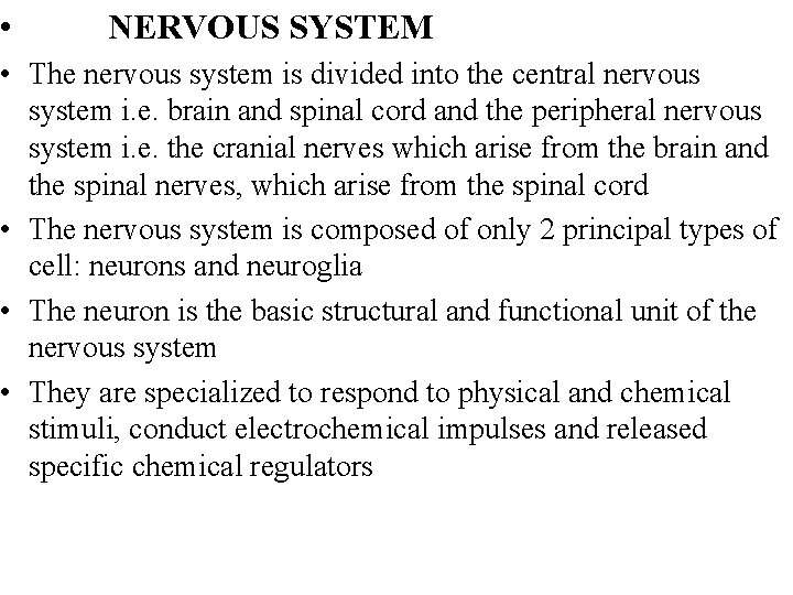  • NERVOUS SYSTEM • The nervous system is divided into the central nervous