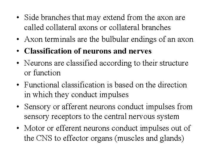  • Side branches that may extend from the axon are called collateral axons