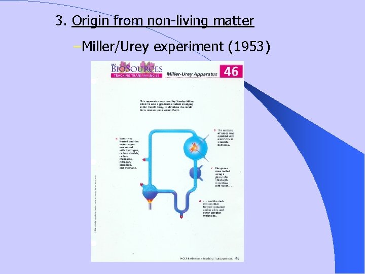 3. Origin from non-living matter –Miller/Urey experiment (1953) 