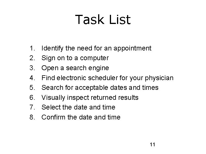 Task List 1. 2. 3. 4. 5. 6. 7. 8. Identify the need for Task List 1. 2. 3. 4. 5. 6. 7. 8. Identify the need for