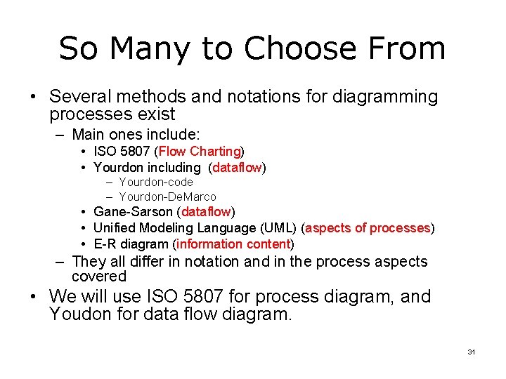 So Many to Choose From • Several methods and notations for diagramming processes exist So Many to Choose From • Several methods and notations for diagramming processes exist
