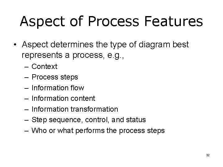 Aspect of Process Features • Aspect determines the type of diagram best represents a Aspect of Process Features • Aspect determines the type of diagram best represents a