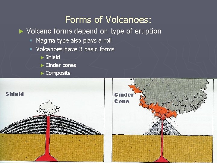 Forms of Volcanoes: ► Volcano forms depend on type of eruption § Magma type