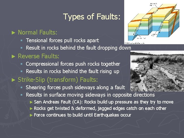 Types of Faults: ► Normal Faults: § Tensional forces pull rocks apart § Result