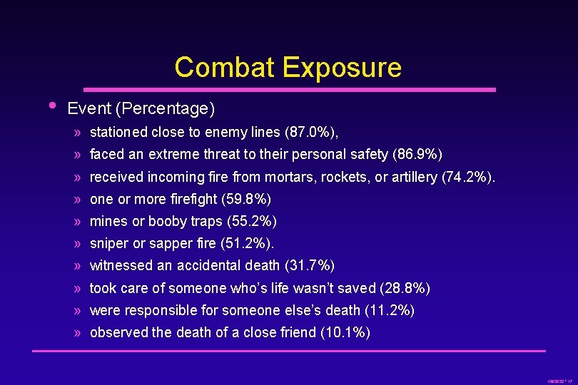 Combat Exposure • Event (Percentage) » stationed close to enemy lines (87. 0%), »
