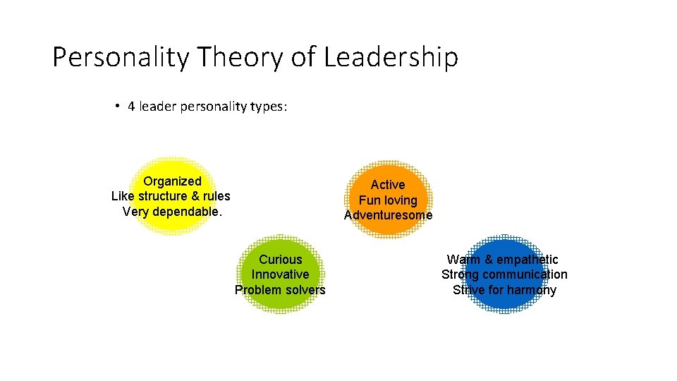 Personality Theory of Leadership • 4 leader personality types: Organized Like structure & rules Personality Theory of Leadership • 4 leader personality types: Organized Like structure & rules
