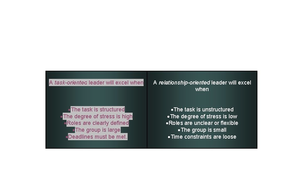 A task-oriented leader will excel when A relationship-oriented leader will excel when The task A task-oriented leader will excel when A relationship-oriented leader will excel when The task