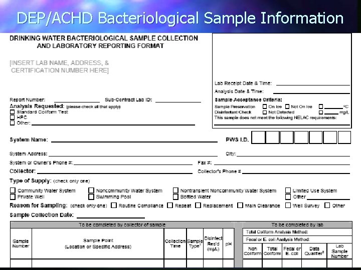 DEP/ACHD Bacteriological Sample Information DEP/ACHD Bacteriological Sample Information