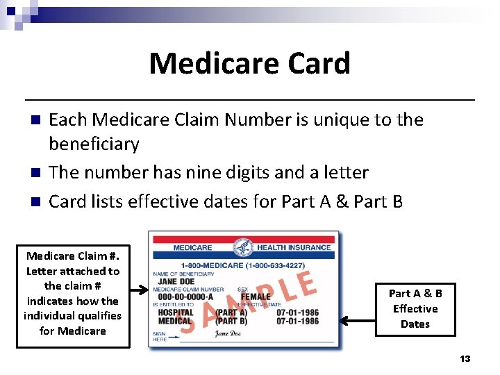 Medicare Card n n n Each Medicare Claim Number is unique to the beneficiary Medicare Card n n n Each Medicare Claim Number is unique to the beneficiary