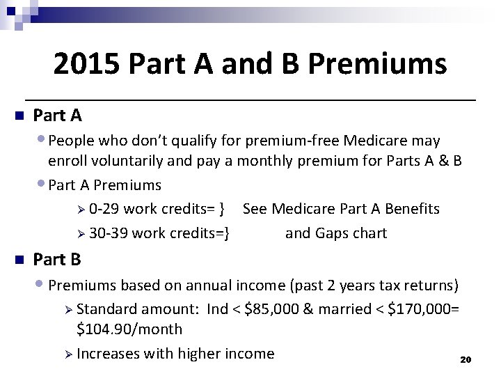 2015 Part A and B Premiums n Part A • People who don’t qualify 2015 Part A and B Premiums n Part A • People who don’t qualify