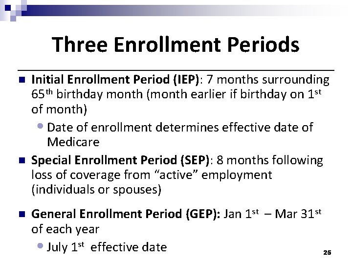 Three Enrollment Periods n n n Initial Enrollment Period (IEP): 7 months surrounding 65 Three Enrollment Periods n n n Initial Enrollment Period (IEP): 7 months surrounding 65
