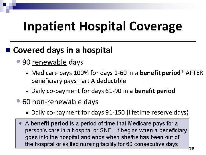 Inpatient Hospital Coverage n Covered days in a hospital • 90 renewable days Medicare Inpatient Hospital Coverage n Covered days in a hospital • 90 renewable days Medicare