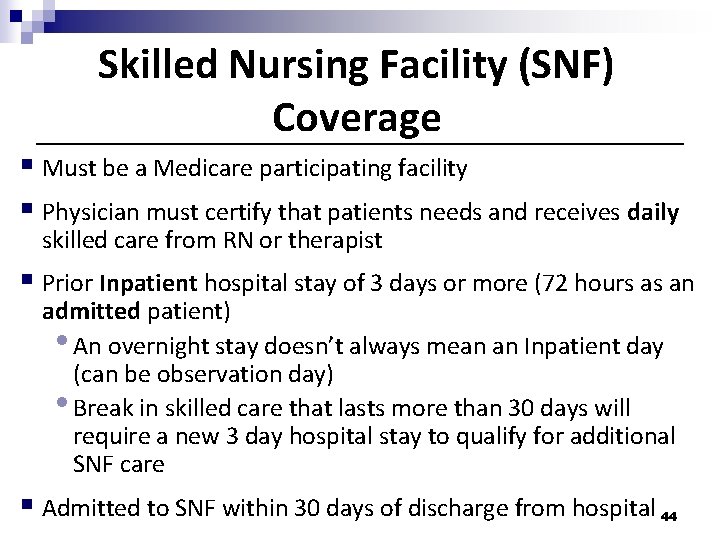 Skilled Nursing Facility (SNF) Coverage Must be a Medicare participating facility Physician must certify Skilled Nursing Facility (SNF) Coverage Must be a Medicare participating facility Physician must certify