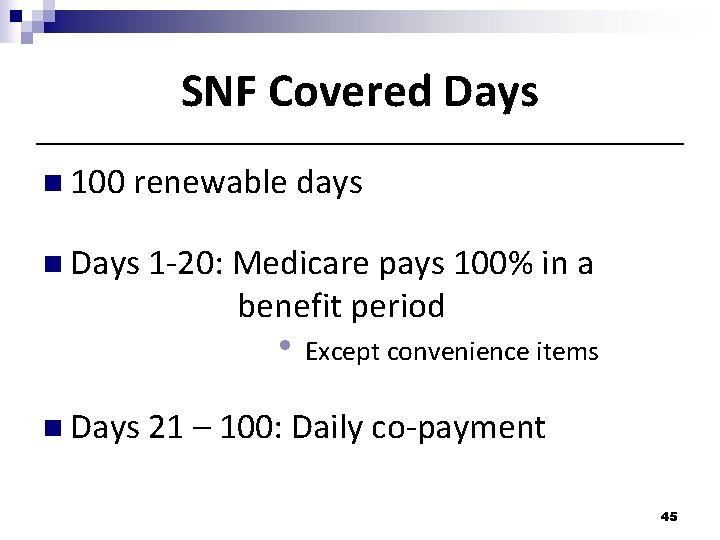 SNF Covered Days n 100 renewable days n Days 1 -20: Medicare pays 100% SNF Covered Days n 100 renewable days n Days 1 -20: Medicare pays 100%