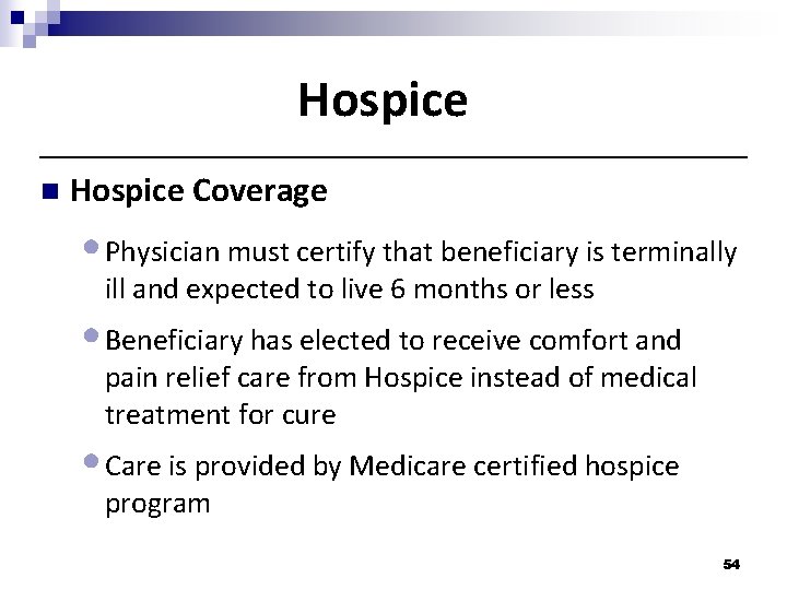 Hospice n Hospice Coverage • Physician must certify that beneficiary is terminally ill and Hospice n Hospice Coverage • Physician must certify that beneficiary is terminally ill and