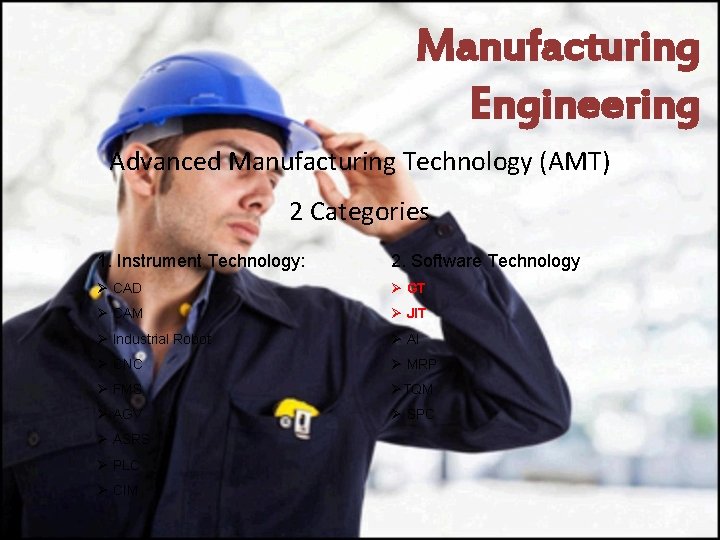 Manufacturing Engineering Advanced Manufacturing Technology (AMT) 2 Categories 1. Instrument Technology: 2. Software Technology