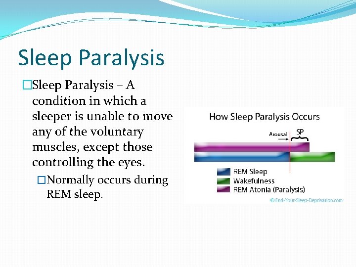 Sleep Paralysis �Sleep Paralysis – A condition in which a sleeper is unable to