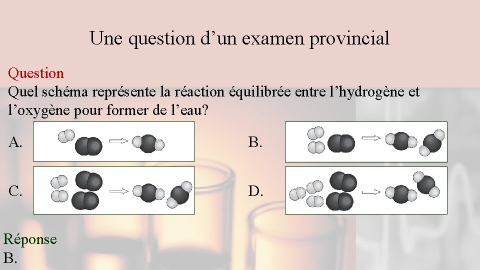 Une question d’un examen provincial Question Quel schéma représente la réaction équilibrée entre l’hydrogène