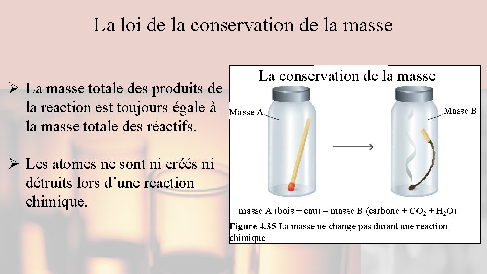 La loi de la conservation de la masse Ø La masse totale des produits
