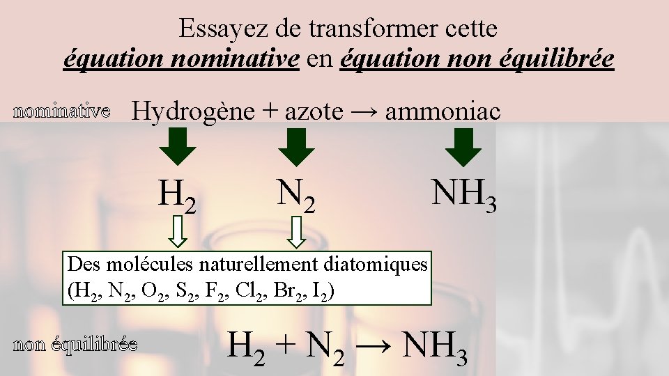 Essayez de transformer cette équation nominative en équation non équilibrée nominative Hydrogène + azote