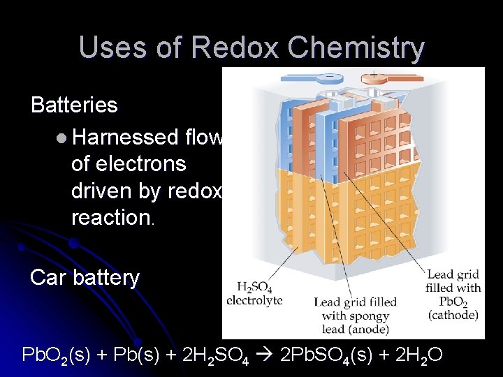 Uses of Redox Chemistry Batteries l Harnessed flow of electrons driven by redox reaction.
