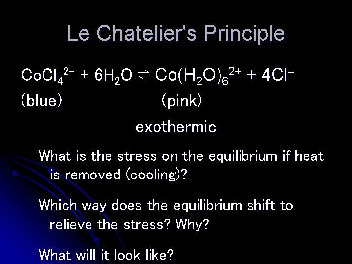 Le Chatelier's Principle Co. Cl 42– + 6 H 2 O ⇌ Co(H 2