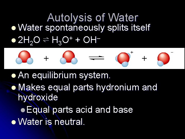 l Water Autolysis of Water spontaneously splits itself l 2 H 2 O ⇌