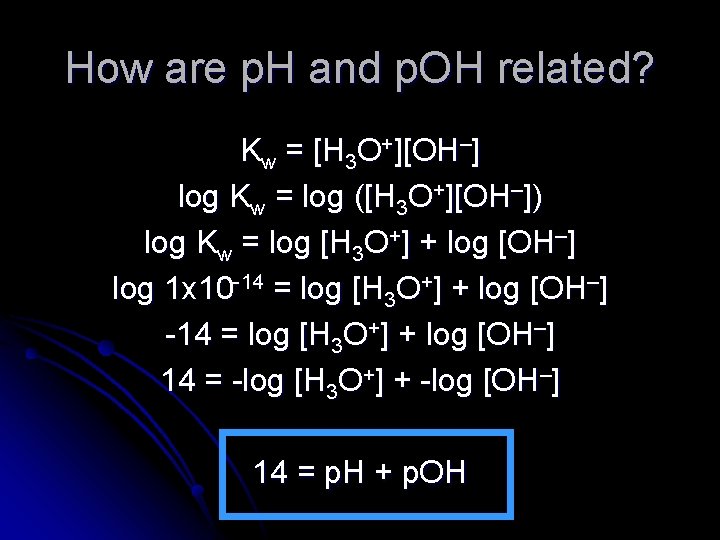 How are p. H and p. OH related? Kw = [H 3 O+][OH–] log