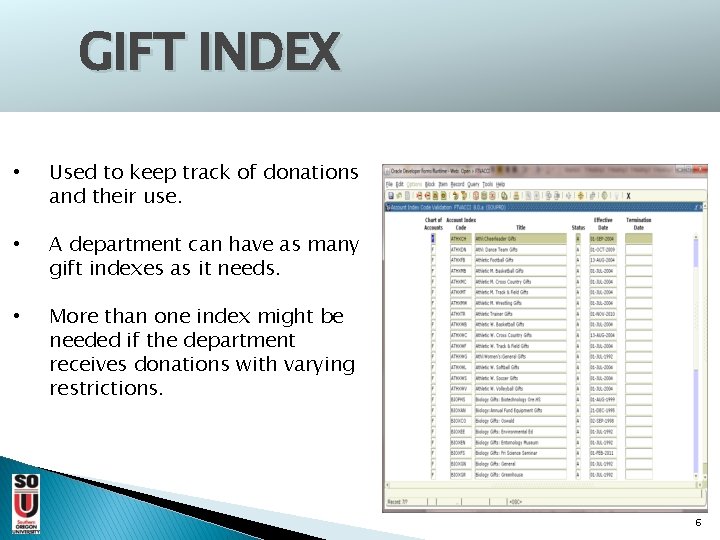 GIFT INDEX • Used to keep track of donations and their use. • A