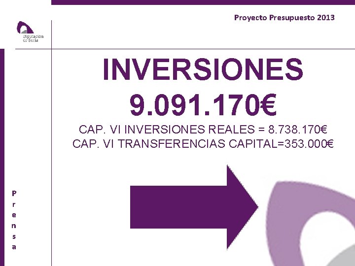 Proyecto Presupuesto 2013 INVERSIONES 9. 091. 170€ CAP. VI INVERSIONES REALES = 8. 738.