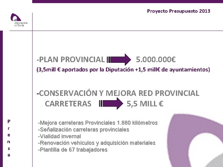 Proyecto Presupuesto 2013 -PLAN PROVINCIAL 5. 000€ (3, 5 mill € aportados por la