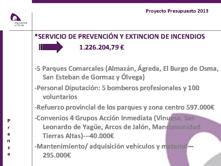 Proyecto Presupuesto 2013 *SERVICIO DE PREVENCIÓN Y EXTINCION DE INCENDIOS 1. 226. 204, 79