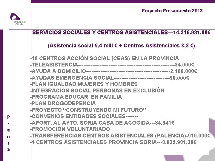 Proyecto Presupuesto 2013 SERVICIOS SOCIALES Y CENTROS ASISTENCIALES— 14. 316. 931, 89€ ASISTENCIALES— 14.