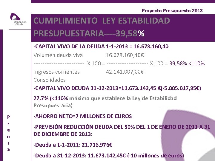 Proyecto Presupuesto 2013 CUMPLIMIENTO LEY ESTABILIDAD PRESUPUESTARIA----39, 58% -CAPITAL VIVO DE LA DEUDA 1