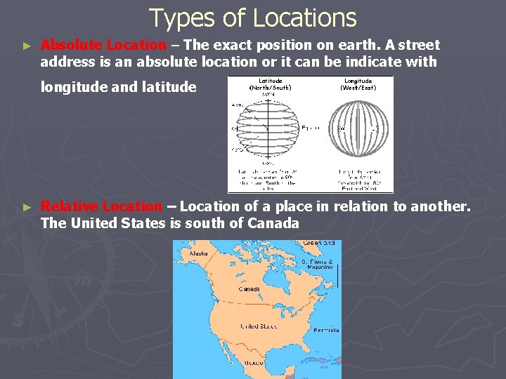 Types of Locations ► Absolute Location – The exact position on earth. A street