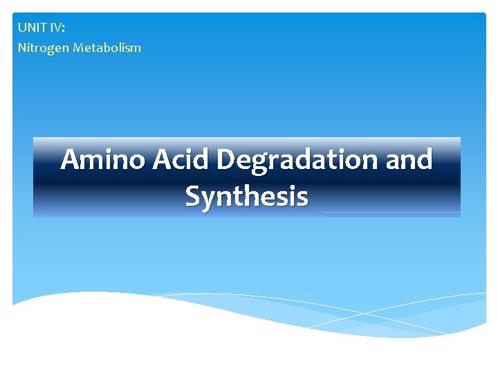 UNIT IV: Nitrogen Metabolism Amino Acid Degradation and Synthesis 