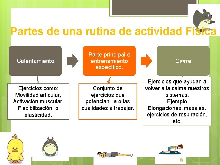 Partes de una rutina de actividad Física Calentamiento Ejercicios como: Movilidad articular, Activación muscular,