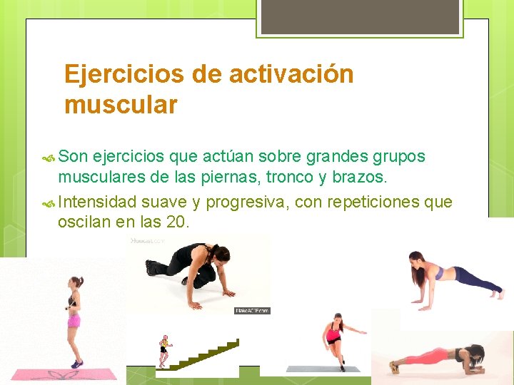 Ejercicios de activación muscular Son ejercicios que actúan sobre grandes grupos musculares de las