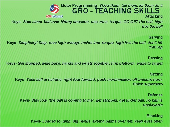 Motor Programming- Show them, tell them, let them do it GRO - TEACHING SKILLS