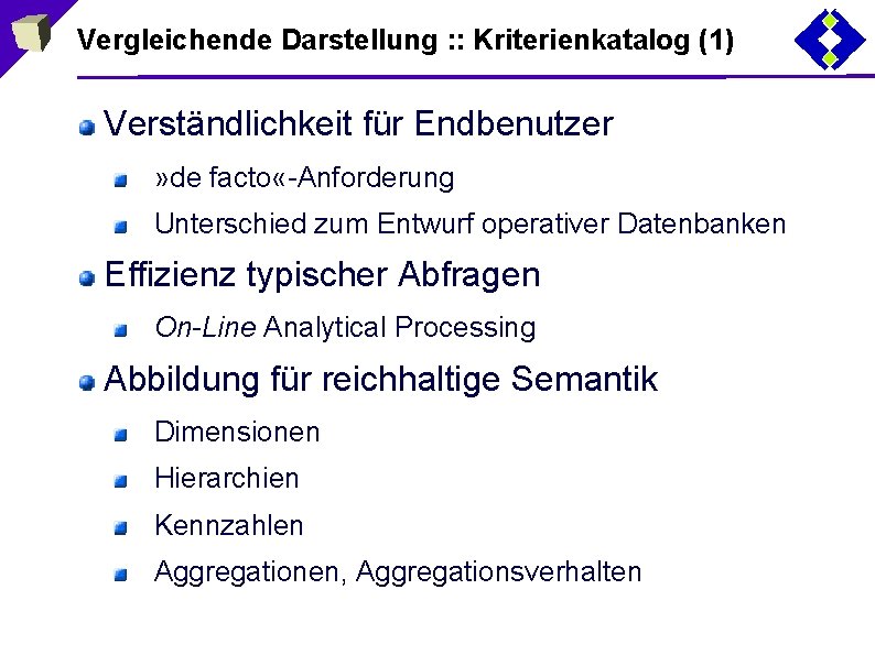 Vergleichende Darstellung : : Kriterienkatalog (1) Verständlichkeit für Endbenutzer » de facto «-Anforderung Unterschied