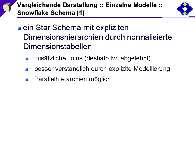 Vergleichende Darstellung : : Einzelne Modelle : : Snowflake Schema (1) ein Star Schema