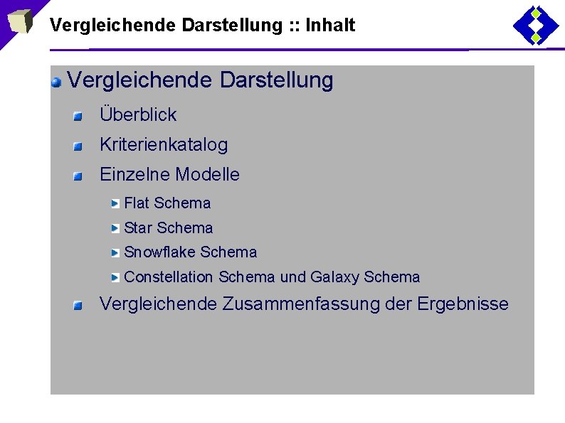 Vergleichende Darstellung : : Inhalt Vergleichende Darstellung Überblick Kriterienkatalog Einzelne Modelle Flat Schema Star